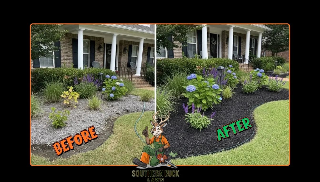Before and after black mulch install on a Louisiana front bed by Southern Buck Lawn