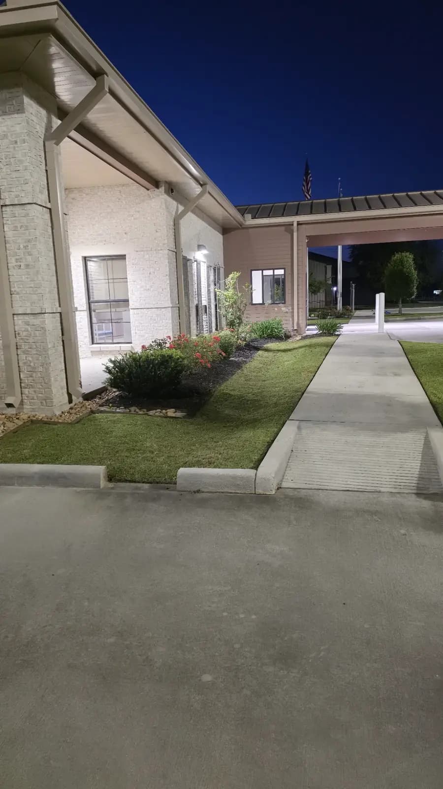 Commercial building entrance with fresh landscaping and lawn lit up at night, by Southern Buck Lawn in Livingston, LA