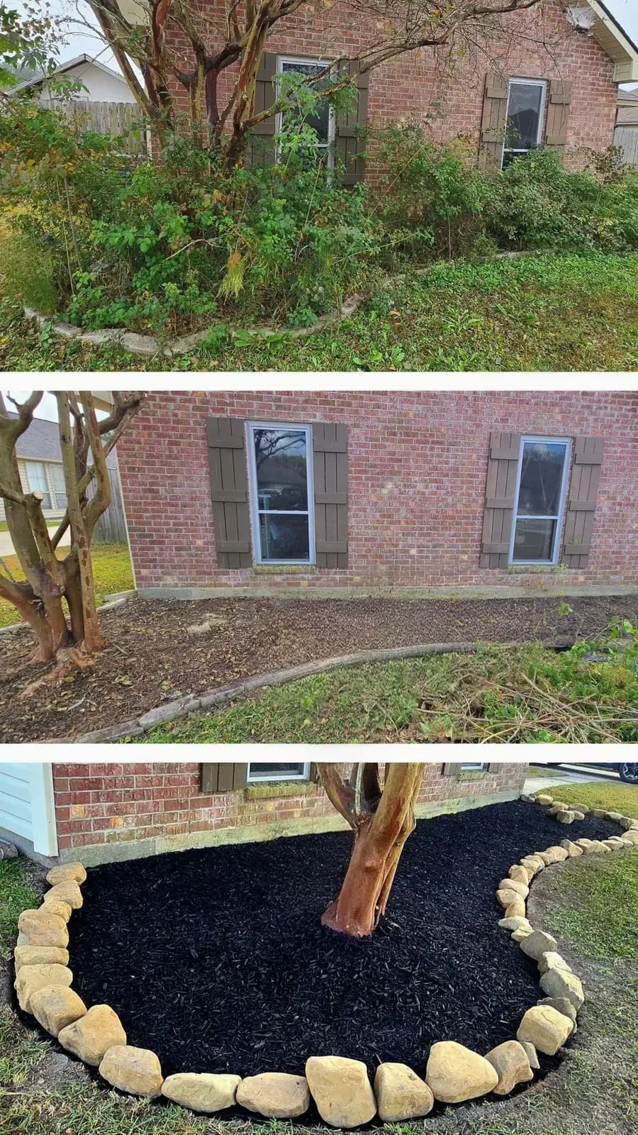 Three-stage flower bed transformation with black mulch and stone border by Southern Buck Lawn in Louisiana
