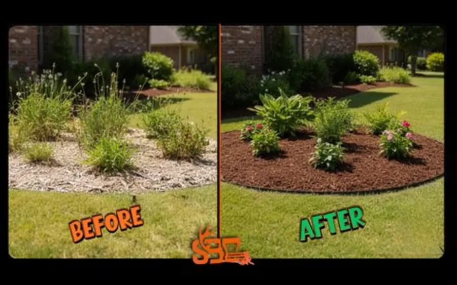 Before and after of a Denham Springs flowerbed transformation with fresh mulch by Southern Buck Lawn