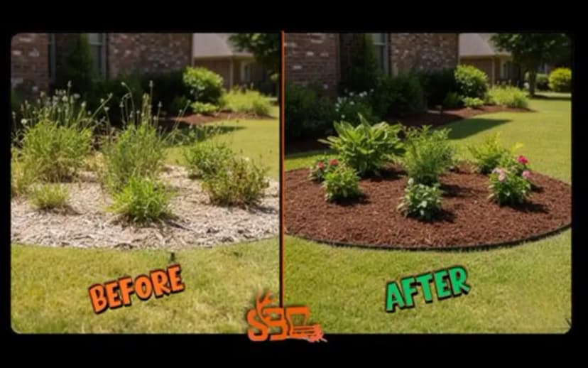 Before and after of a Denham Springs flowerbed transformation with fresh mulch by Southern Buck Lawn