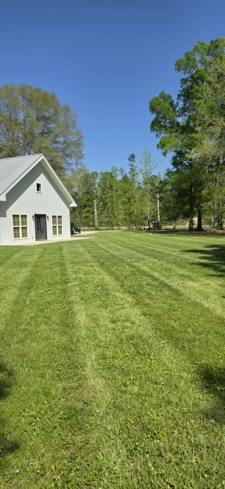 Neatly mowed green lawn with a clean edge, typical Southern Buck Lawn acreage work in Livingston Parish